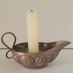 Ornate vintage antique copper candle holder - flowers and snake motif